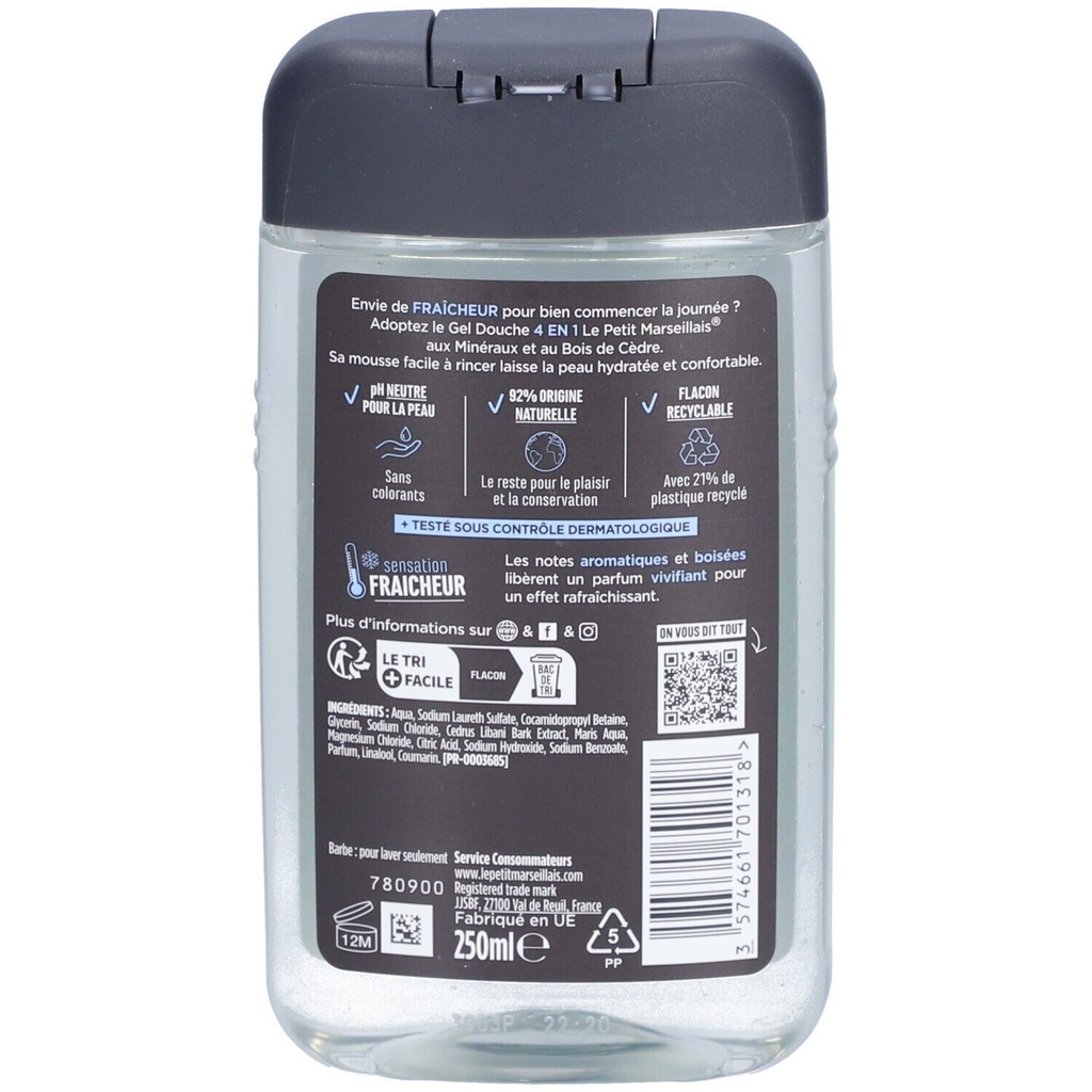 Le Petit Marseillais Gel Douche Homme Minéraux & Bois De Cèdre