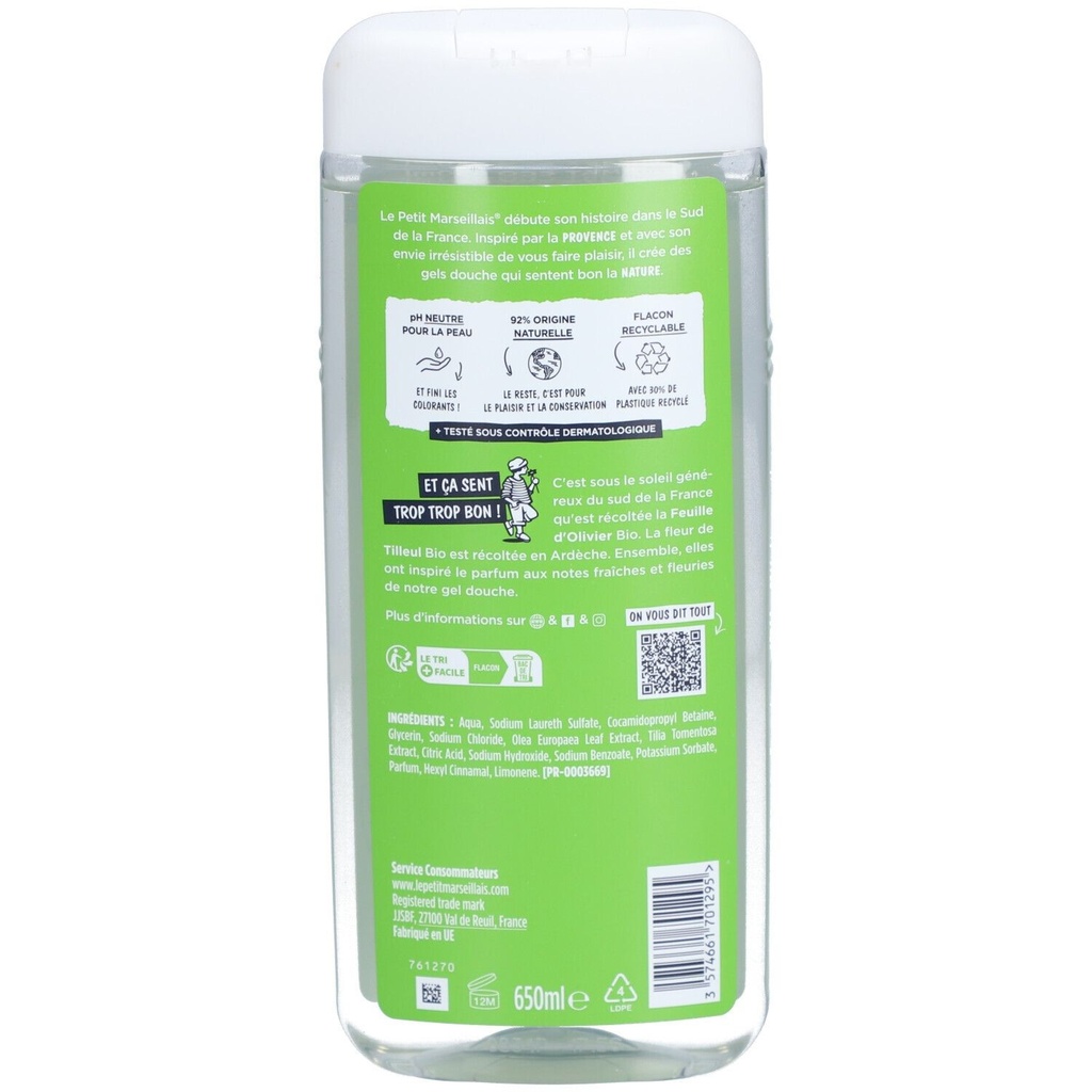 Le Petit Marseillais Gel Douche À La Feuille D'Olivier & Tilleul Hydrate Et Rafraîchit Bio : Le Flacon De 650Ml