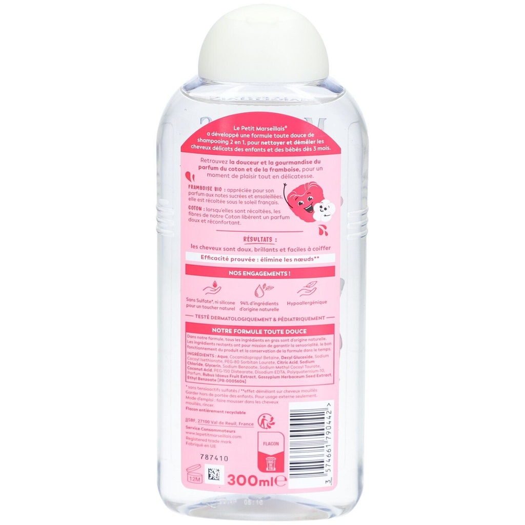 Le Petit Marseillais Shampooing 2 En 1 Bébé & Enfant Démêlant Framboise Bio Coton 300Ml