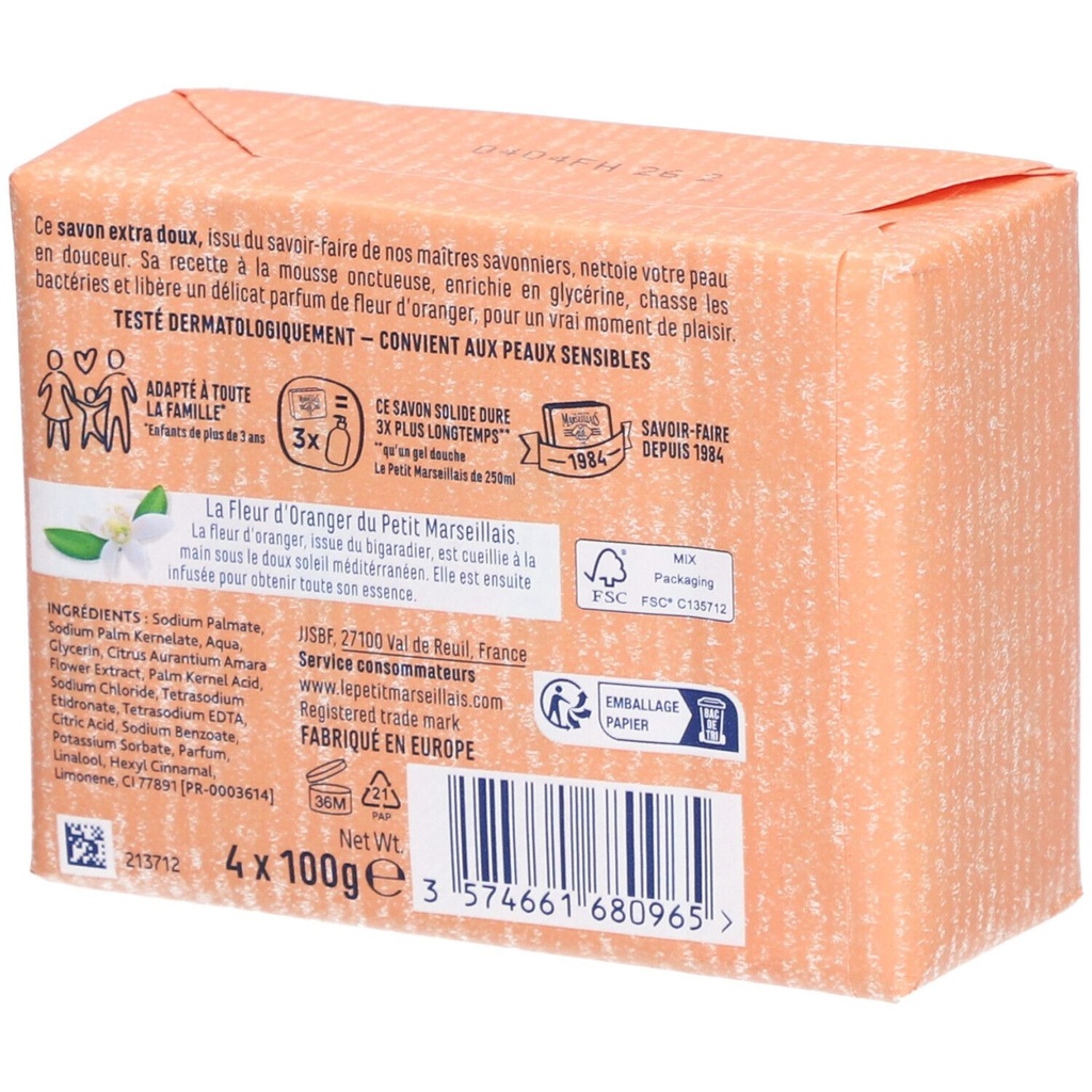 Le Petit Marseillais Savon Fleur D'Oranger 4X100G