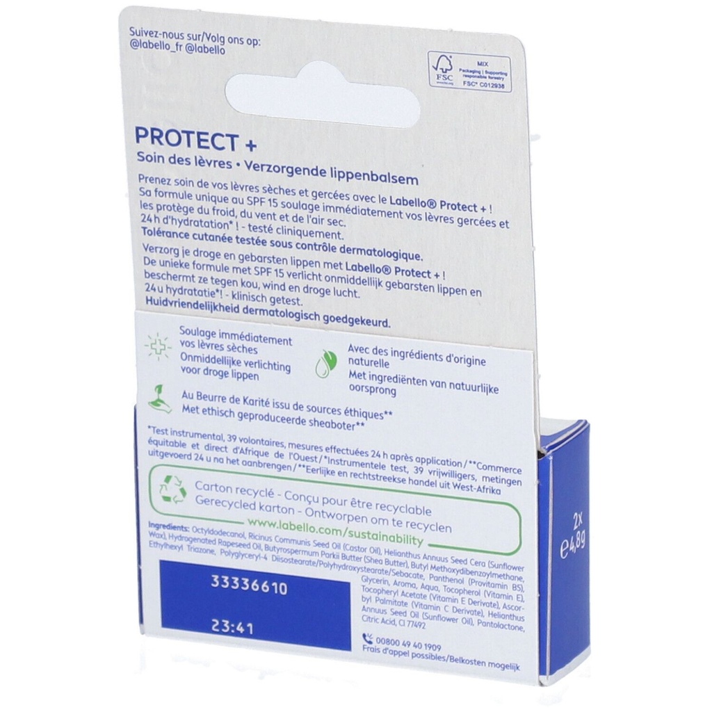 Labello Baume À Lèvres 4,8 Gr Protect+ Spf15 (Blister 2 Pieces)