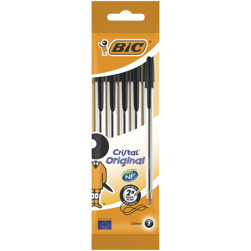 [0070330100756] BIC Cristal Original Stylos-Bille Pointe Moyenne 1,0mm Noir, Pochette de 5