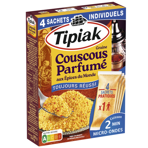 [3600900020985] TIPIAK Graine couscous parfumé aux épices du Monde les 4 sachets de 65 g