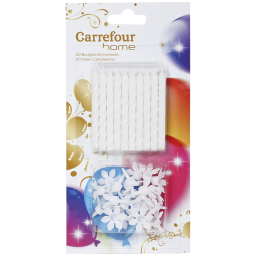 [3606605839914] CARREFOUR Bougie anniversaire classic, blanches, les 20 bougies + 20 bobèches
