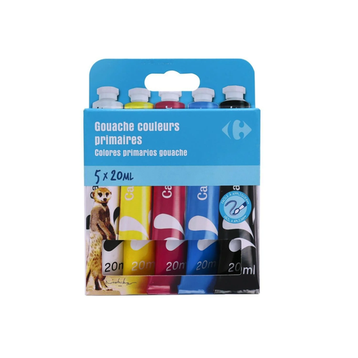 [3608141883673] CARREFOUR Gouache em 5 cores primárias 5 tubos de 20 ml