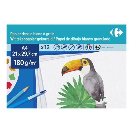 [3608142034272] CARREFOUR Papel de desenho branco 21x29,7cm 180g a bolsa de folhas
