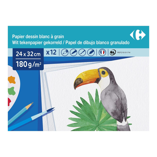 [3608142034289] CARREFOUR Papel de dibujo blanco de grano 24x32cm 180g