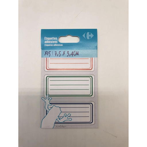 [3608143825121] CARREFOUR Étiquettes adhésives couleurs assorties 34x75mm lot de 15