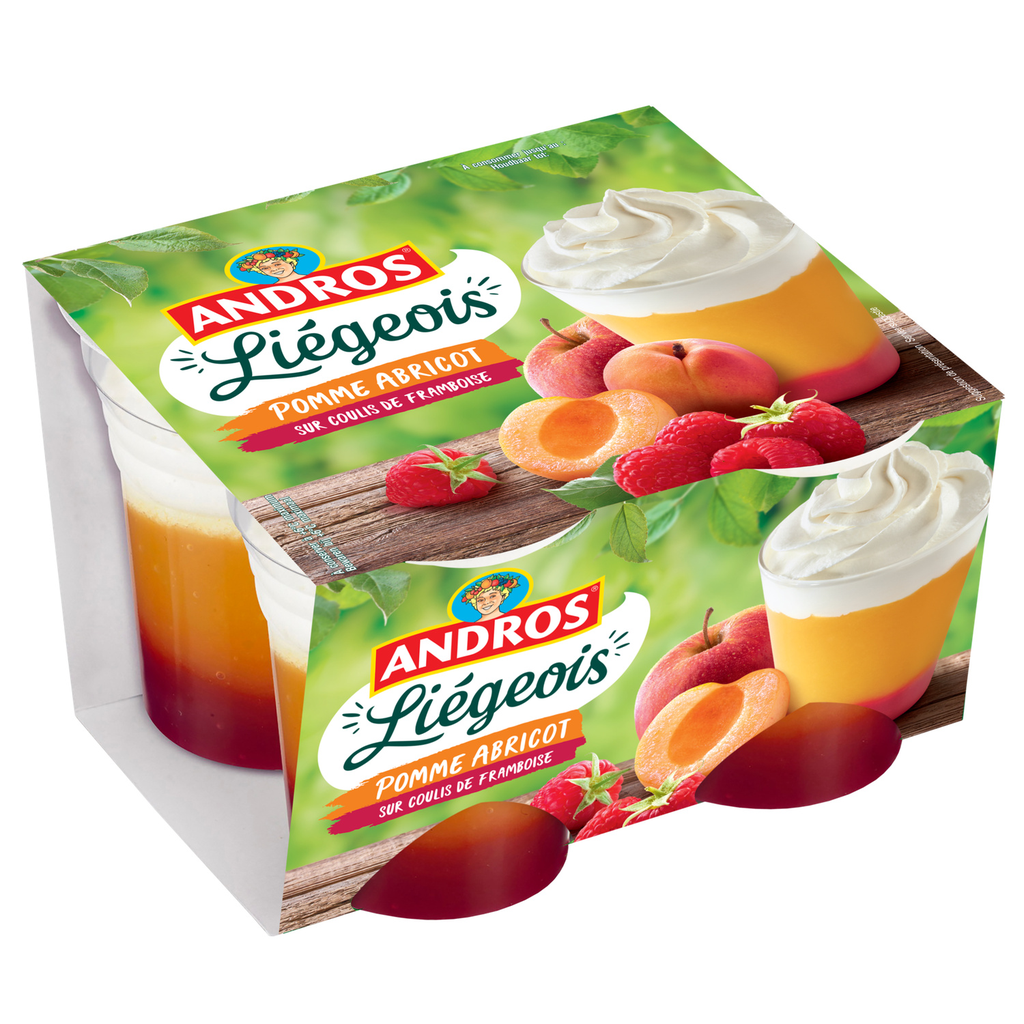 ANDROS Sobremesa de fruta Liégeois Maçã Alperce Framboesa 4 boiões de 100 g