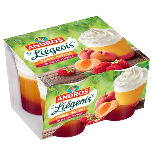 [3608580745228] ANDROS Sobremesa de fruta Liégeois Maçã Alperce Framboesa 4 boiões de 100 g
