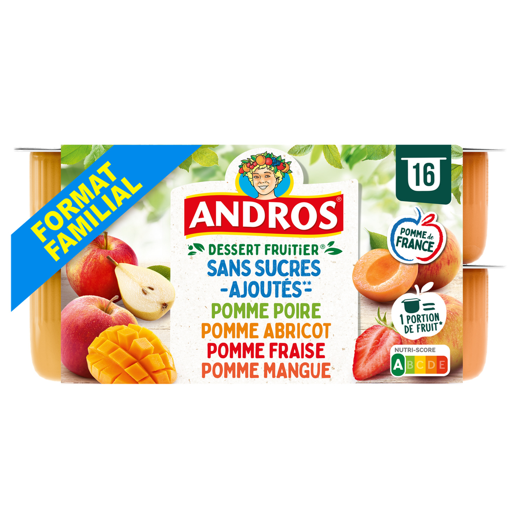 ANDROS Assorted Fruit Specialty apple pear apple mango apple apricot apple strawberry no added sugar 16 pots of 100 g
