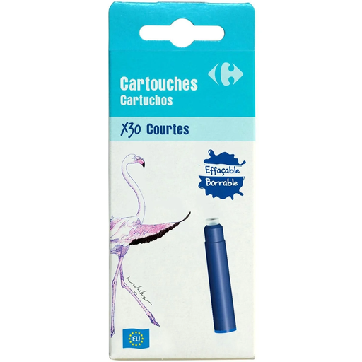 [3609230984660] CARREFOUR Cartuchos de tinta azul para caneta de aparo, a caixa de 30 cartuchos de tinta