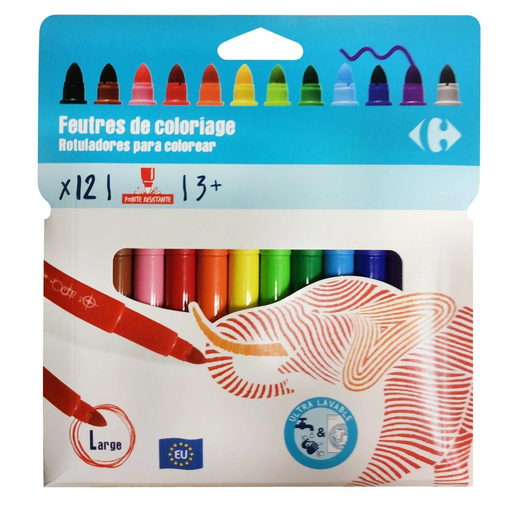 [3609230986855] CARREFOUR Feutres de coloriage encre assortie pointe large résistante 12 feutres