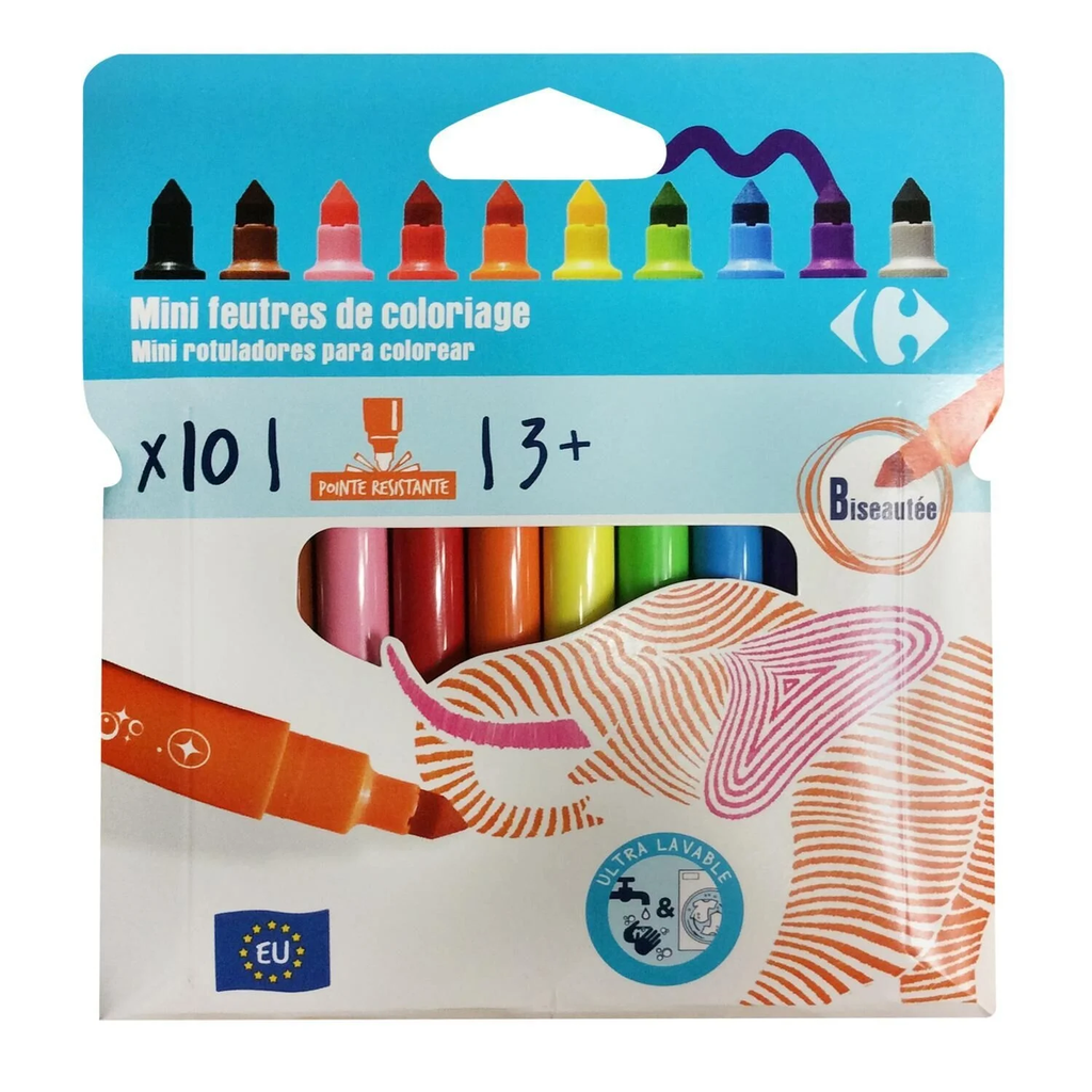 CARREFOUR Feutres à dessin mini encre assortie pointe large 10 feutres