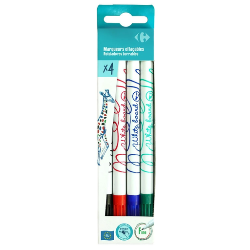 [3609230992832] CARREFOUR Rotulador borrable tinta surtida punta fina lote de 4 unidades