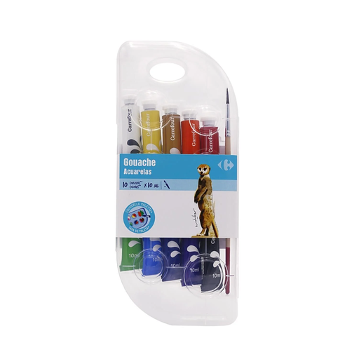 [3609232793567] CARREFOUR Guache 5 cores com tampa palete e pincel 10 tubos de 10 ml