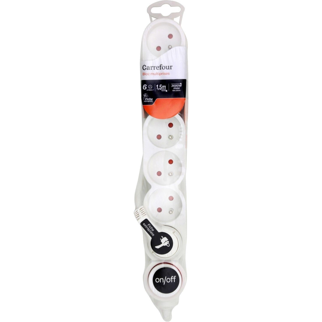 CARREFOUR Power strip 6 sockets white with switch 6-socket block