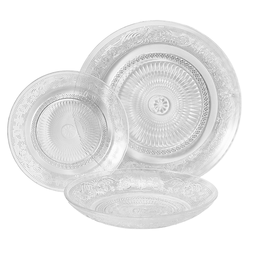 [3610882975388] CARREFOUR Service à vaisselle 18 pièces transparent en verre baroque HOME, le service de 18 pièces