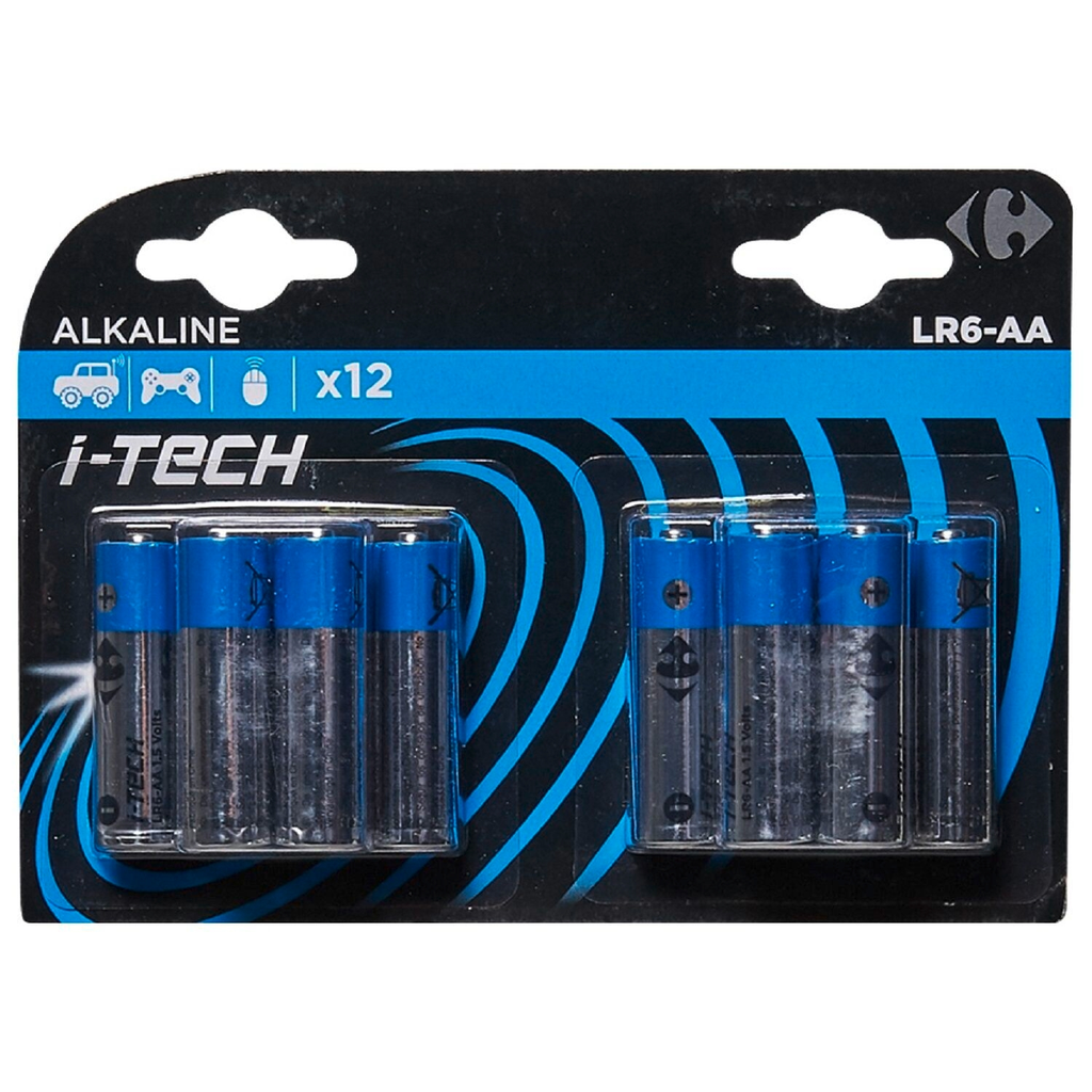 CARREFOUR Pile Alcaline LR6/AA I-Tech, lot de 12 piles