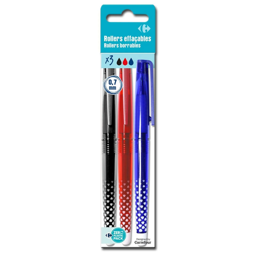 [3613865466125] CARREFOUR Canetas roller tinta sortida apagável ponta média 3 unidades