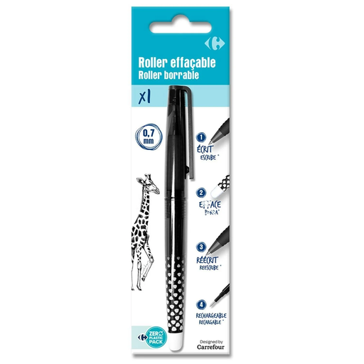 [3613865494951] CARREFOUR Caneta roller tinta preta apagável ponta média 1 unidade