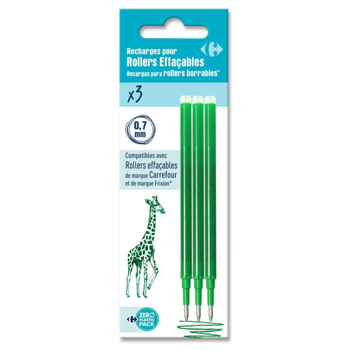 [3613865890401] CARREFOUR Recambios de tinta verde para bolígrafo roller lote de 3 recambios