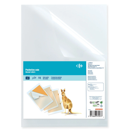 [3613866272077] CARREFOUR Pochette coin A4 120 microns, lot de 20