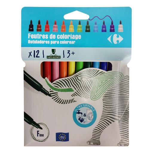 [3613866424759] CARREFOUR Coloring felt-tip pens assorted ink fine tip 12 pens