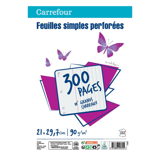 [3613866493700] CARREFOUR Perforated ruled sheets large squares 21x29.7cm x300 90g
