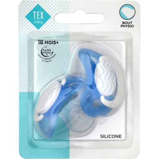 [3614610062180] TEX Chupete fisiológico azul silicona 8 meses y más BABY lote de 2 unidades