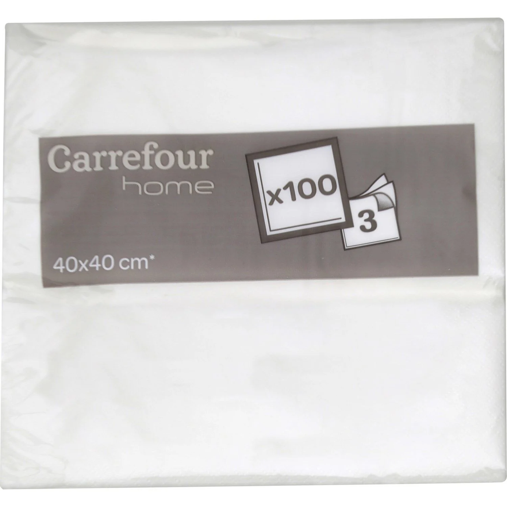 CARREFOUR Paper Napkin 40x40cm 3-ply, white HOME pack of 100