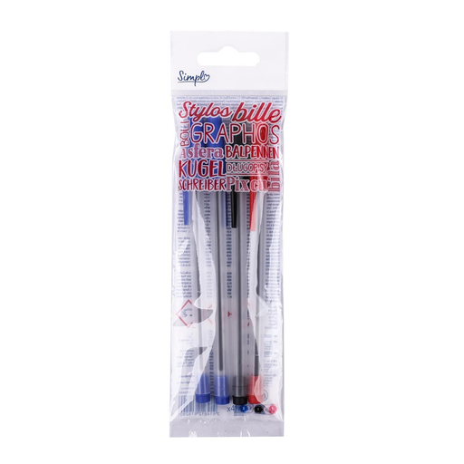 [3614612619290] SIMPL Canetas esferográficas sortidas preto/azul/vermelho pack de 4
