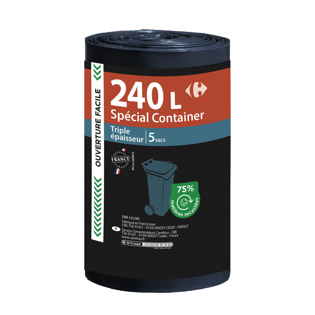 CARREFOUR Sacs poubelle spécial container 240 L les 5 sacs