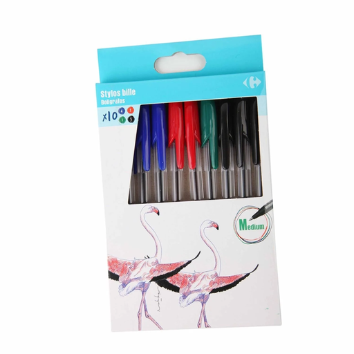 [3614613031589] CARREFOUR Stylo bille assortis noir/bleu/rouge/vert le lot de 10 stylos