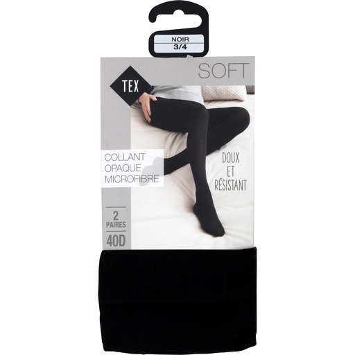 [3614613965228] TEX Collant femme noir opaque 40D T3/4 le lot de 2 paires