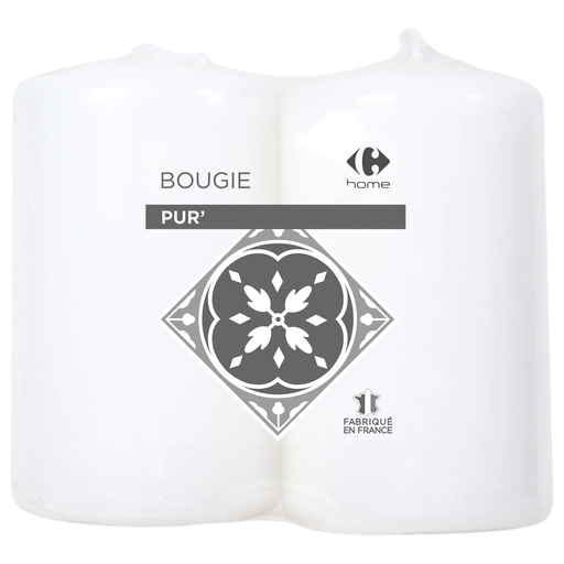 [3614613991067] CARREFOUR Bougie cylindrique blanche HOME les 2 bougies