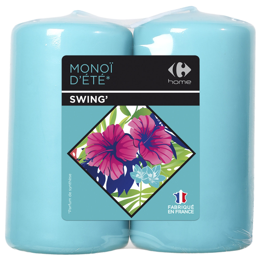 [3614613998431] CARREFOUR Pack 2 cylindrical candles 48H90 turquoise/summer monoi
