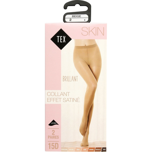 [3614614003776] TEX Collants de senhora bege efeito acetinado 15D T2 lote de 2 pares