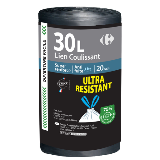 [3614614104367] CARREFOUR Sac poubelle Liens coulissants 20 sacs