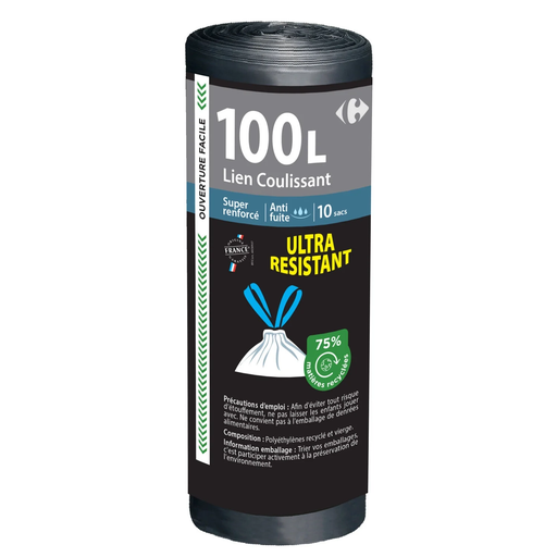 [3614614104381] CARREFOUR Drawstring Bin Liners 100L 10 bags