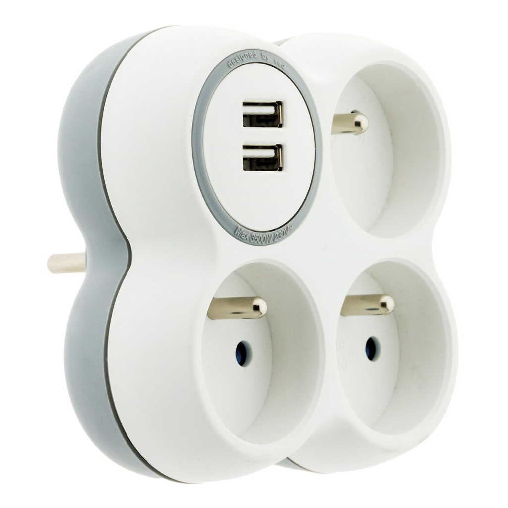CARREFOUR Regleta de enchufes 3 tomas 16A + 2 USB, lote de 3