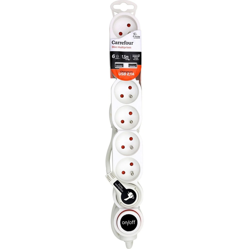 [3614614314322] CARREFOUR Bloque 6 tomas + interruptor blanco bloque de 6 tomas