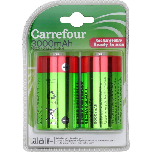 [3614614415456] CARREFOUR Piles rechargeables D/HR20 3000mAh le lot de 2 piles