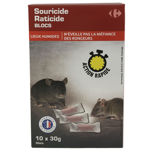 [3615004301298] CARREFOUR Anti-rat and mouse blocks for damp areas 10 sachets of 30 g