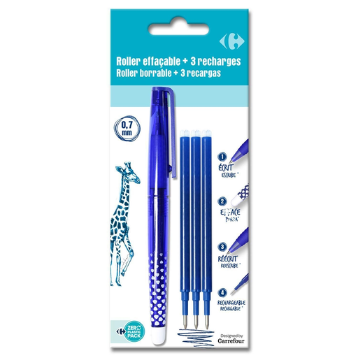 [3615004416442] CARREFOUR Caneta roller de tinta azul apagável + 3 recargas, 1 roller + 3 cartuchos