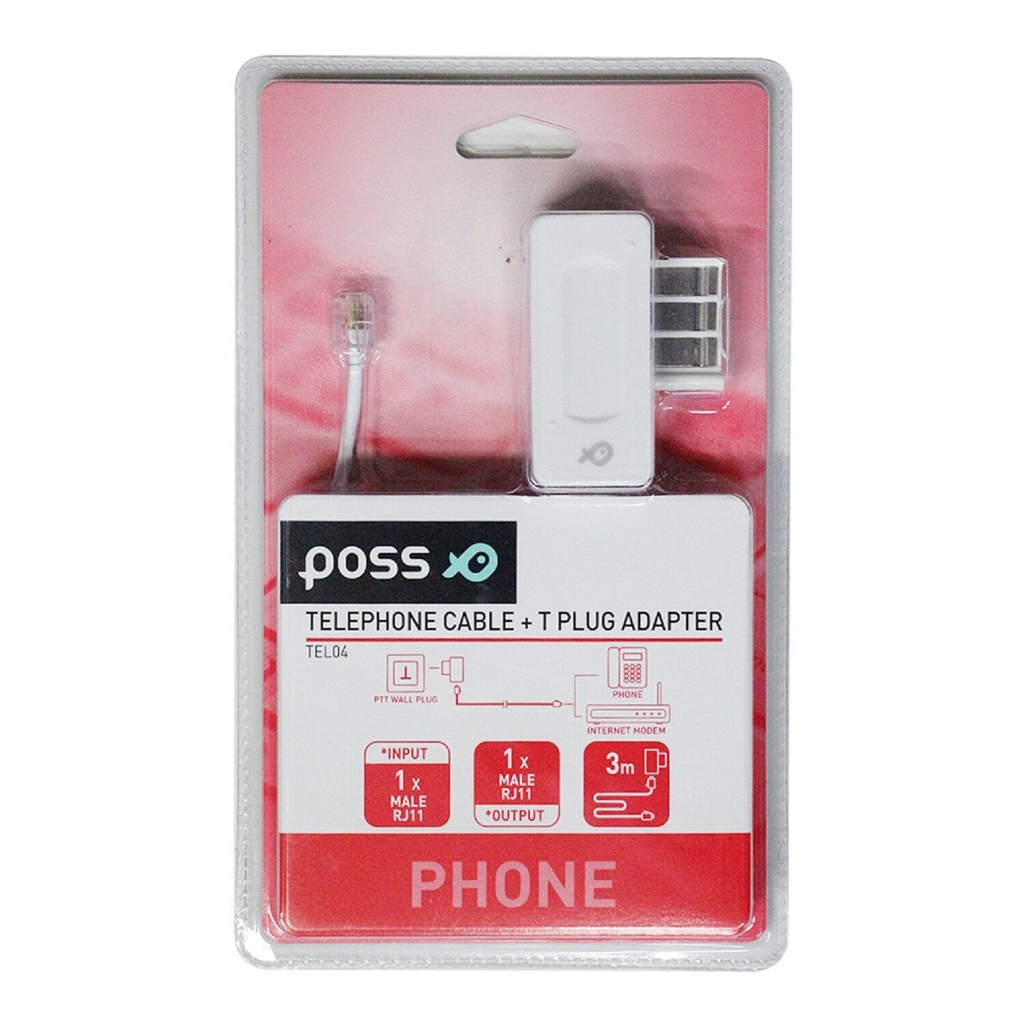 POSS Telephone Cable + Adapter Plug PSTEL04 White le câble