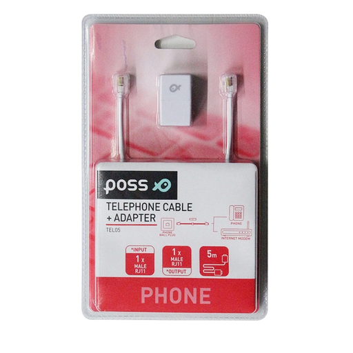 [3615004417579] POSS Cable de teléfono + Adaptador PSTEL05 Blanco 5 metros