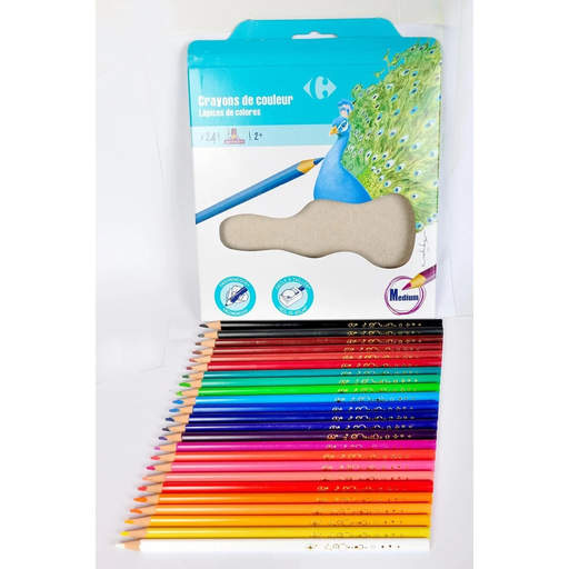 [3616180203765] CARREFOUR Crayons de couleur assortis pointe moyenne, le lot de 24 crayons