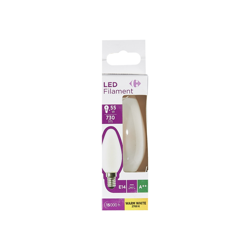 [3616180982813] CARREFOUR Ampoules LED E14 flamme lisse 55W blanc chaud dépolie, lot de 1
