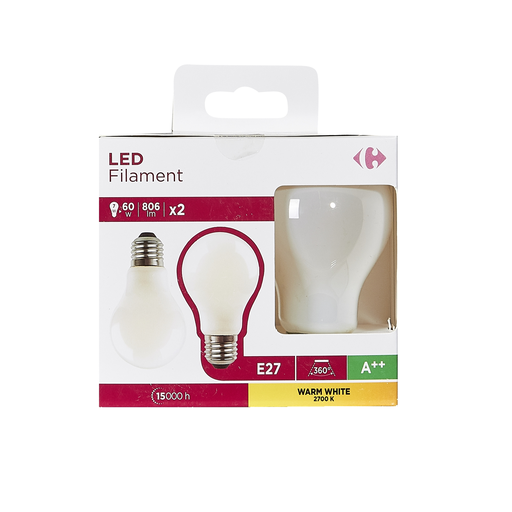 [3616180982851] CARREFOUR Ampoules LED E27 standard 60W blanc chaud dépolie le lot de 2